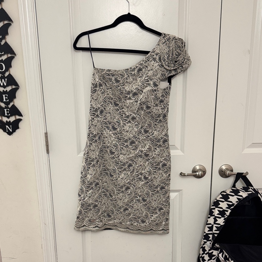 ABS Allen Schwartz One-Shoulder Lace Dress in Cream